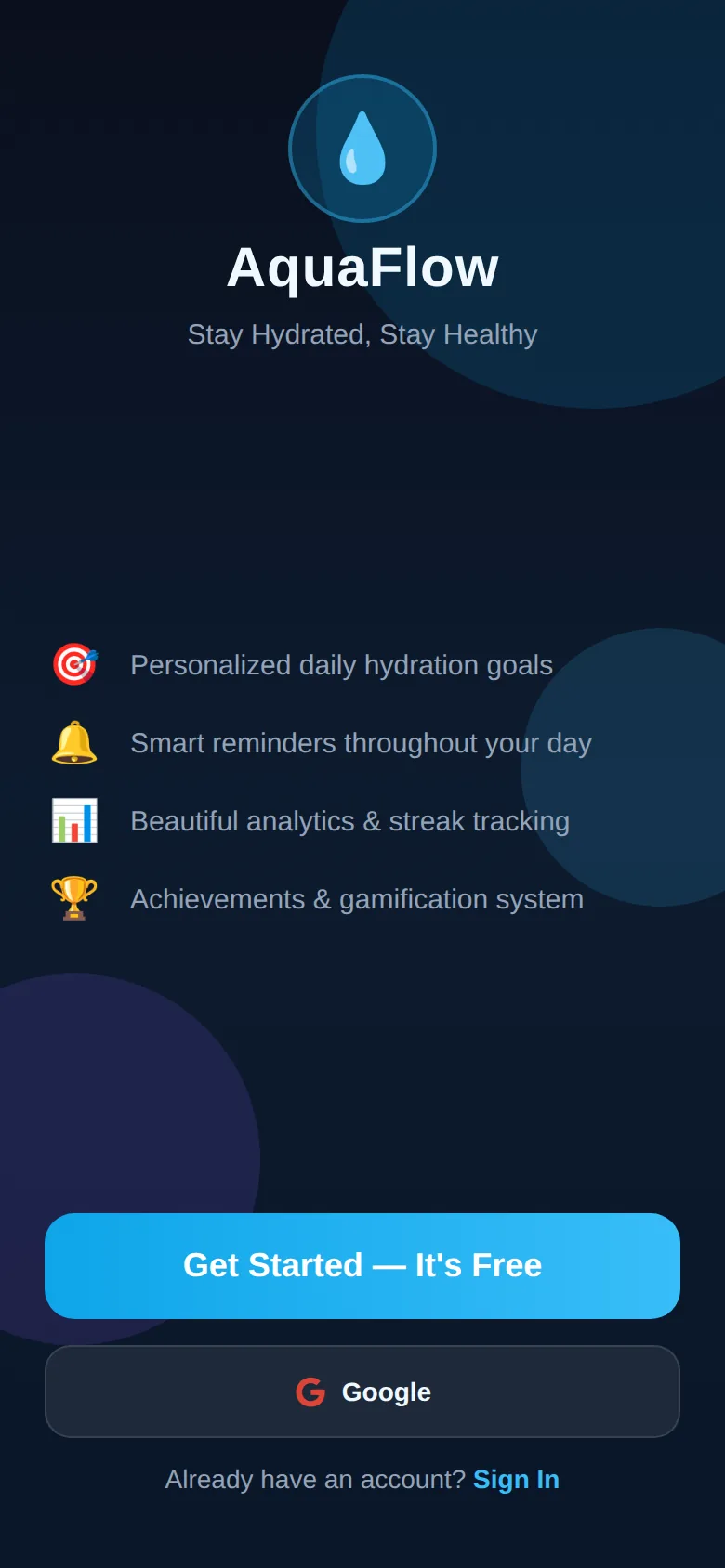 AquaFlow welcome screen